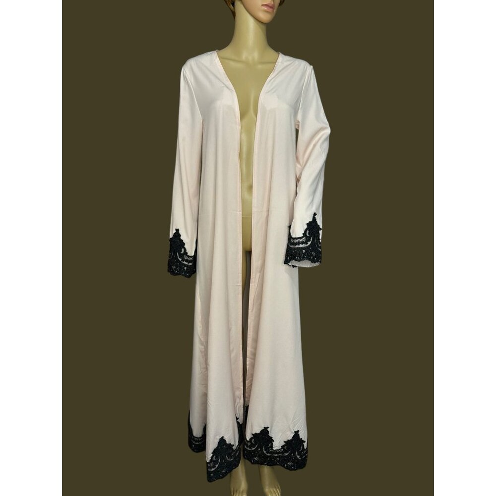 Elegant Long Pink Open Front Kimono Duster With Black Lace Trim
